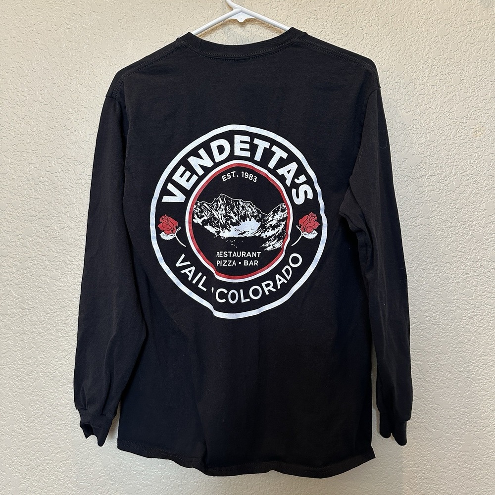 VENDETTA'S RESTAURANT Pizza Vail Colorado size Medium T-Shirt Black Long Sleeve